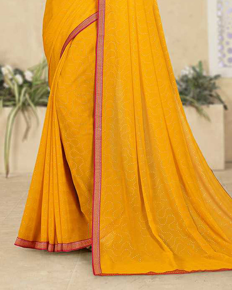 Vishal Prints Golden Yellow Georgette Saree With Foil Print And Zari Border