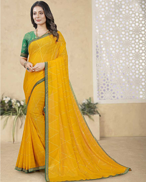 Vishal Prints Golden Yellow Georgette Saree With Foil Print And Zari Border