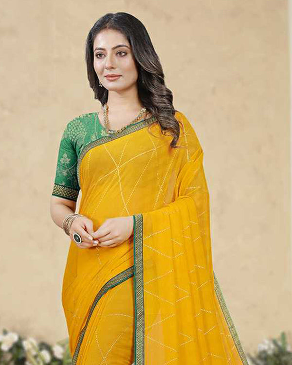 Vishal Prints Golden Yellow Georgette Saree With Foil Print And Zari Border