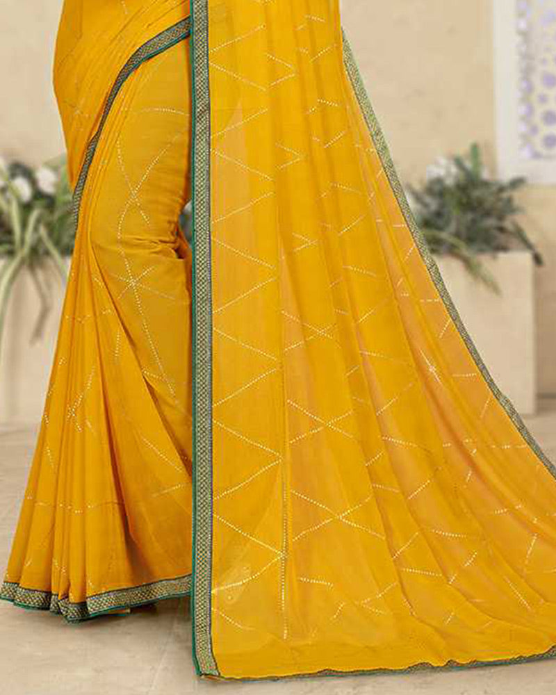 Vishal Prints Golden Yellow Georgette Saree With Foil Print And Zari Border