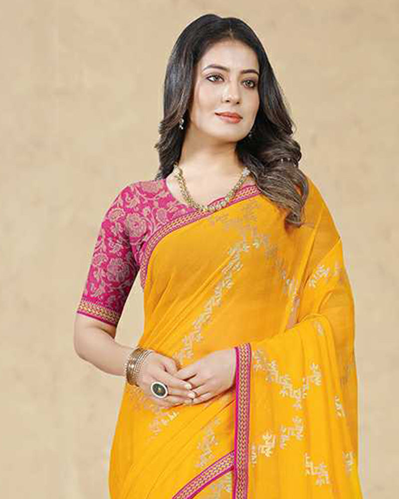 Vishal Prints Golden Yellow Georgette Saree With Foil Print And Zari Border