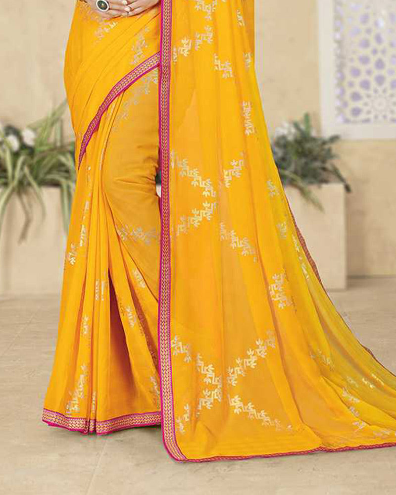 Vishal Prints Golden Yellow Georgette Saree With Foil Print And Zari Border