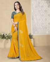Vishal Prints Golden Yellow Georgette Saree With Foil Print And Zari Border