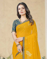 Vishal Prints Golden Yellow Georgette Saree With Foil Print And Zari Border