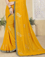 Vishal Prints Golden Yellow Georgette Saree With Foil Print And Zari Border
