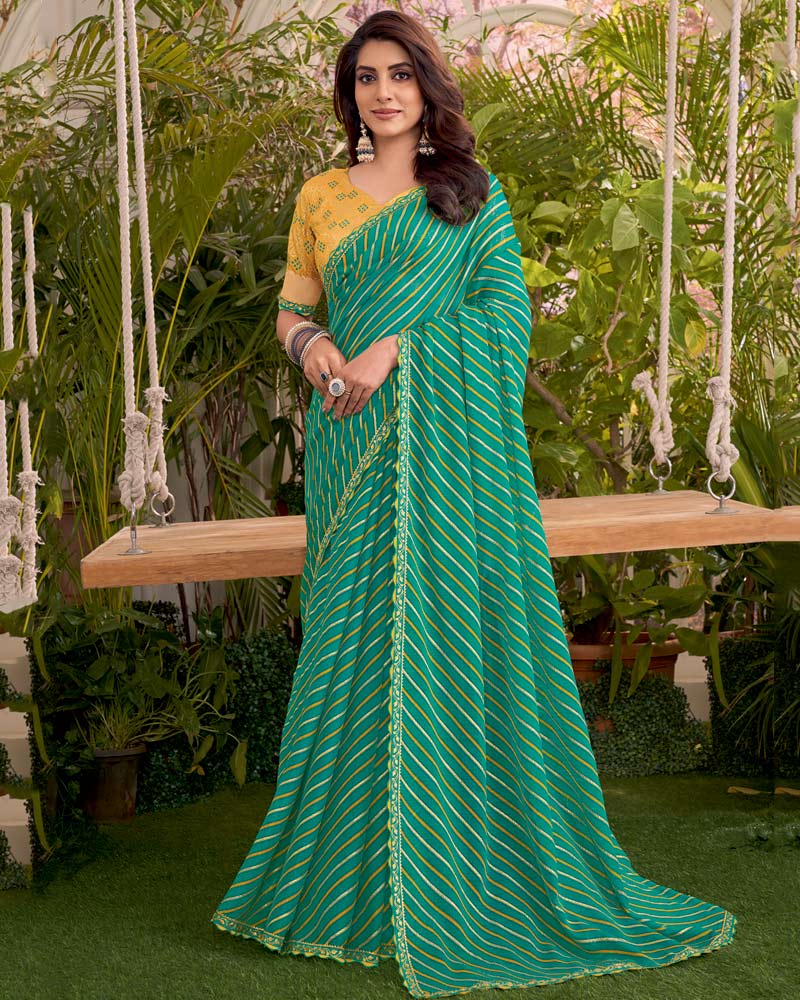 Vishal Prints Teal Green Printed Fancy Chiffon Traditional Print Saree With Foil Print And Cut Work Border