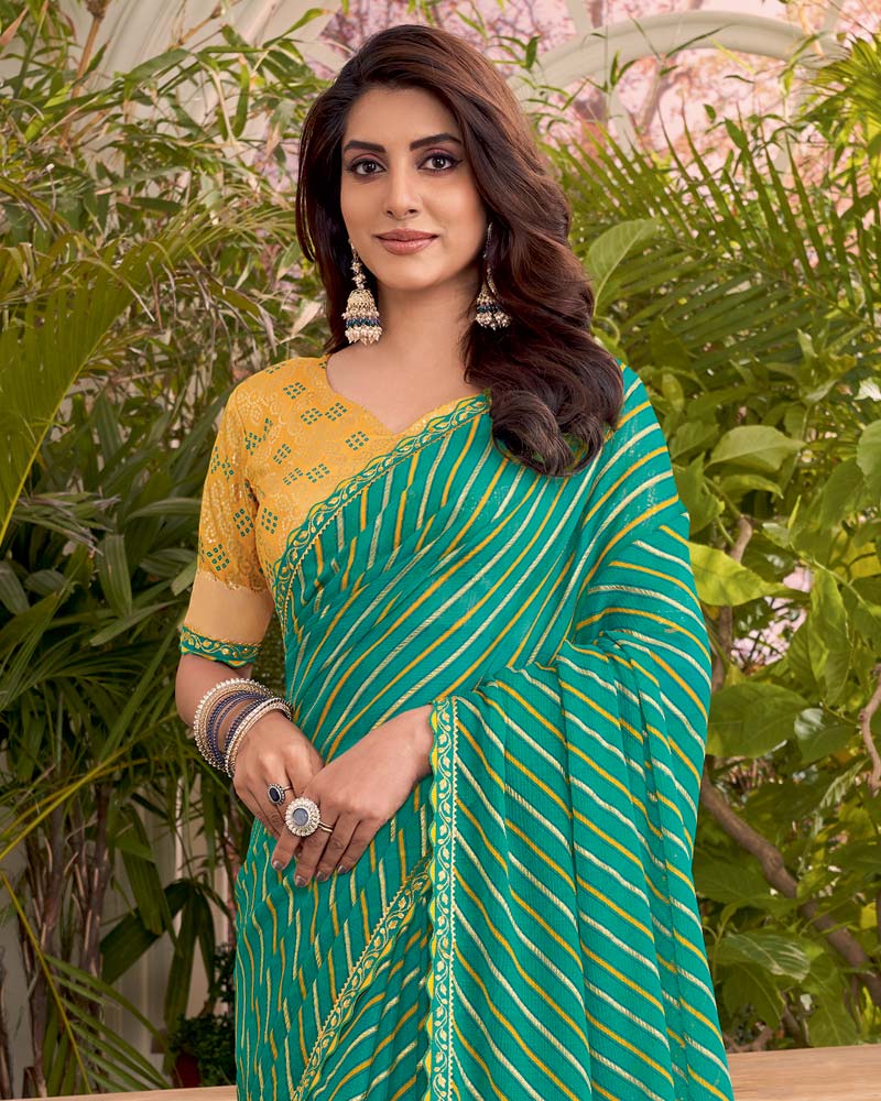Vishal Prints Teal Green Printed Fancy Chiffon Traditional Print Saree With Foil Print And Cut Work Border