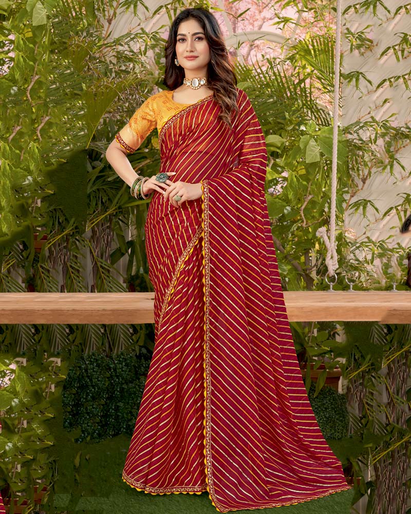 Vishal Prints Old Brick Red Printed Fancy Chiffon Traditional Print Saree With Foil Print And Cut Work Border