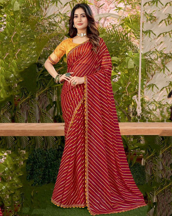 Vishal Prints Old Brick Red Printed Fancy Chiffon Traditional Print Saree With Foil Print And Cut Work Border