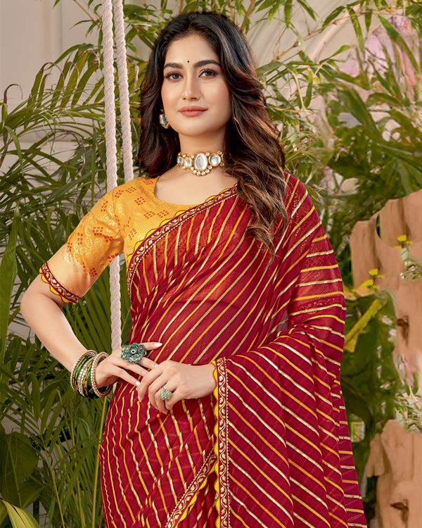 Vishal Prints Old Brick Red Printed Fancy Chiffon Traditional Print Saree With Foil Print And Cut Work Border