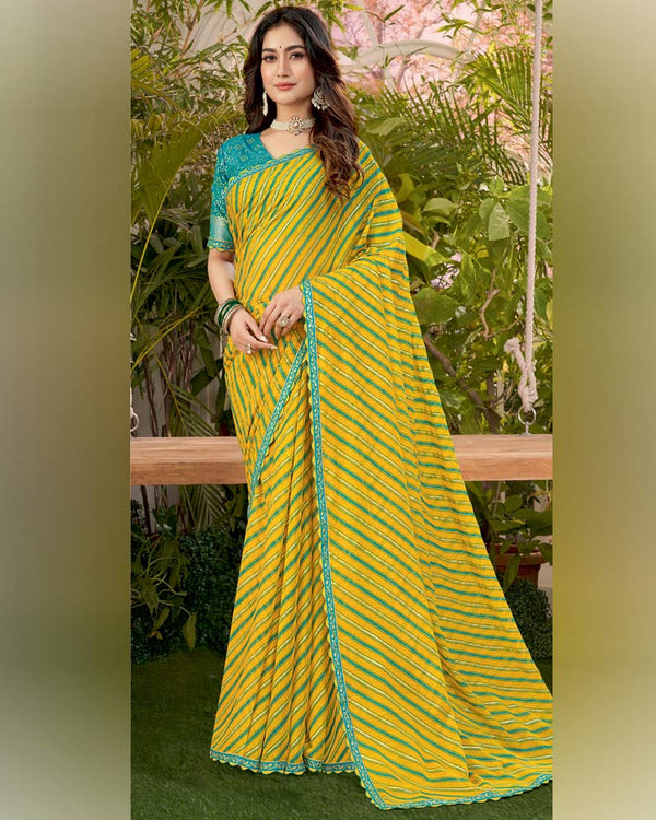 Vishal Prints Golden Yellow Printed Fancy Chiffon Traditional Print Saree With Foil Print And Cut Work Border