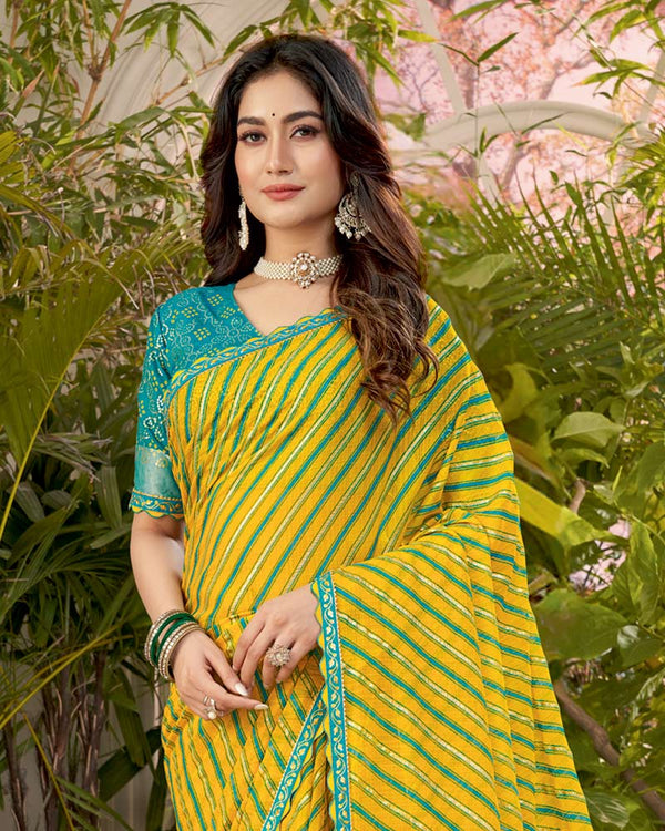 Vishal Prints Golden Yellow Printed Fancy Chiffon Traditional Print Saree With Foil Print And Cut Work Border