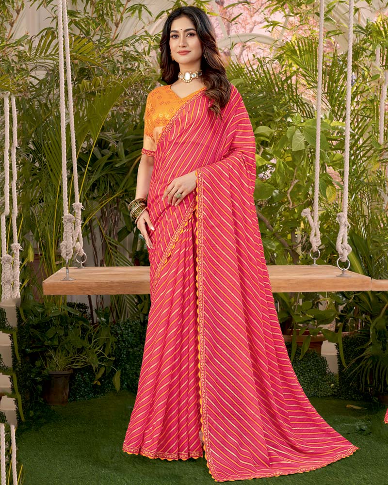Vishal Prints Raspberry Pink Printed Fancy Chiffon Traditional Print Saree With Foil Print And Cut Work Border