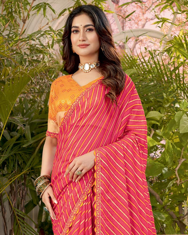 Vishal Prints Raspberry Pink Printed Fancy Chiffon Traditional Print Saree With Foil Print And Cut Work Border