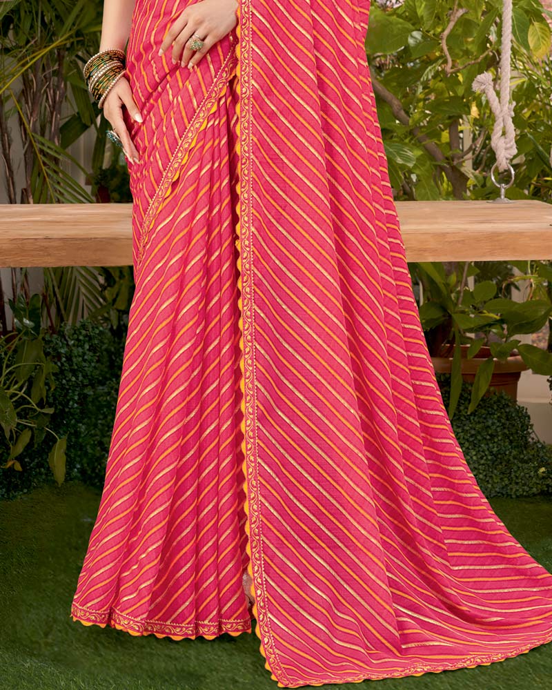 Vishal Prints Raspberry Pink Printed Fancy Chiffon Traditional Print Saree With Foil Print And Cut Work Border
