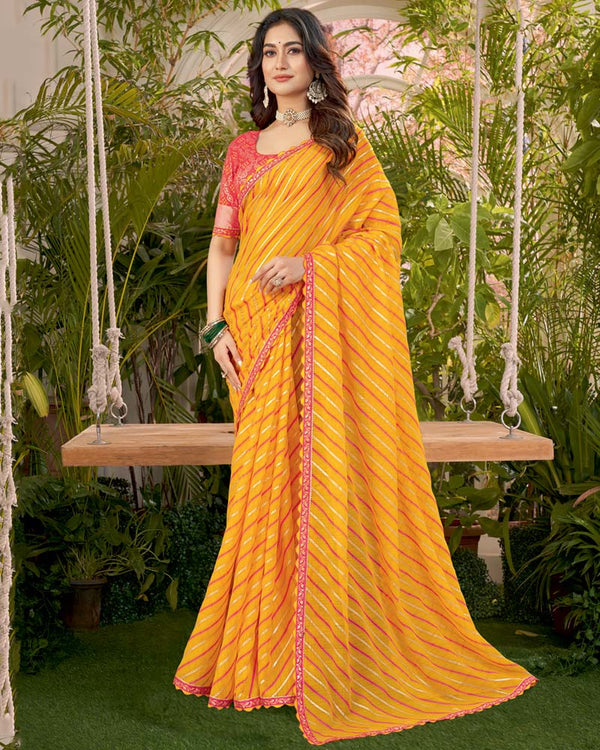 Vishal Prints Yellowish Orange Printed Fancy Chiffon Traditional Print Saree With Foil Print And Cut Work Border