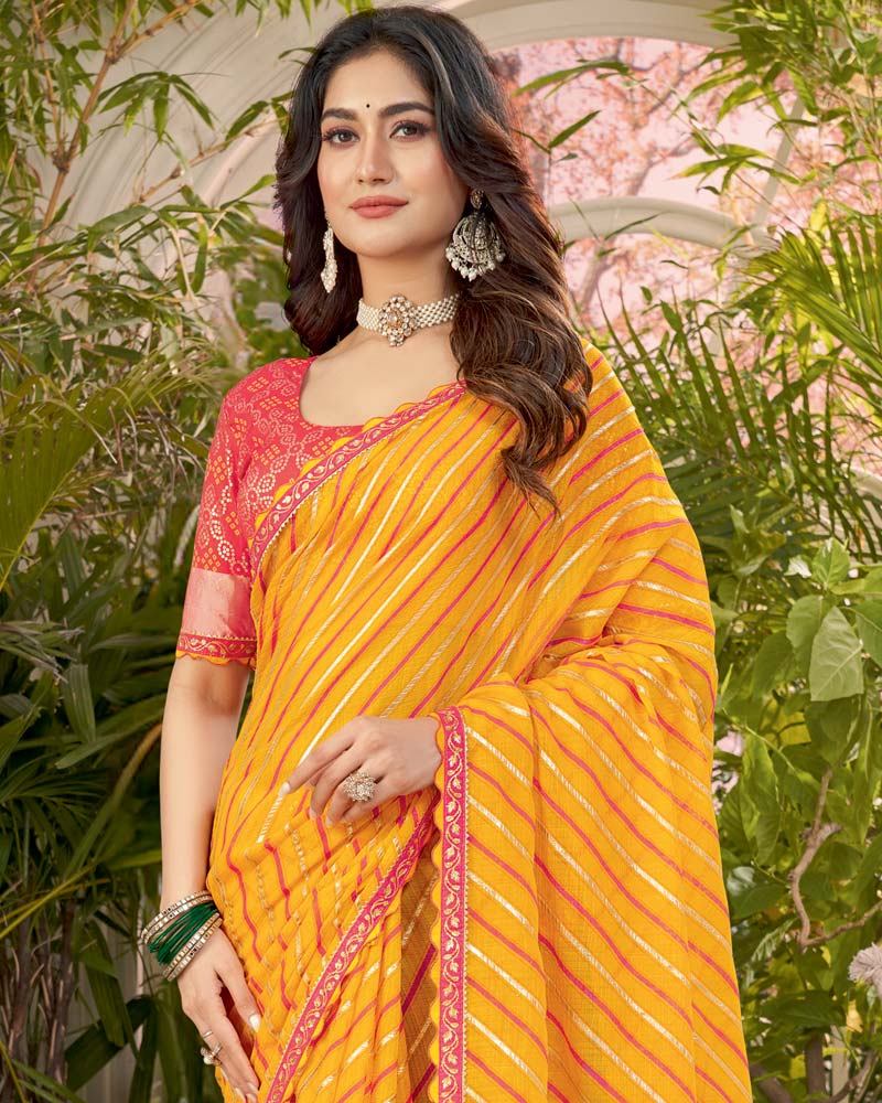 Vishal Prints Yellowish Orange Printed Fancy Chiffon Traditional Print Saree With Foil Print And Cut Work Border