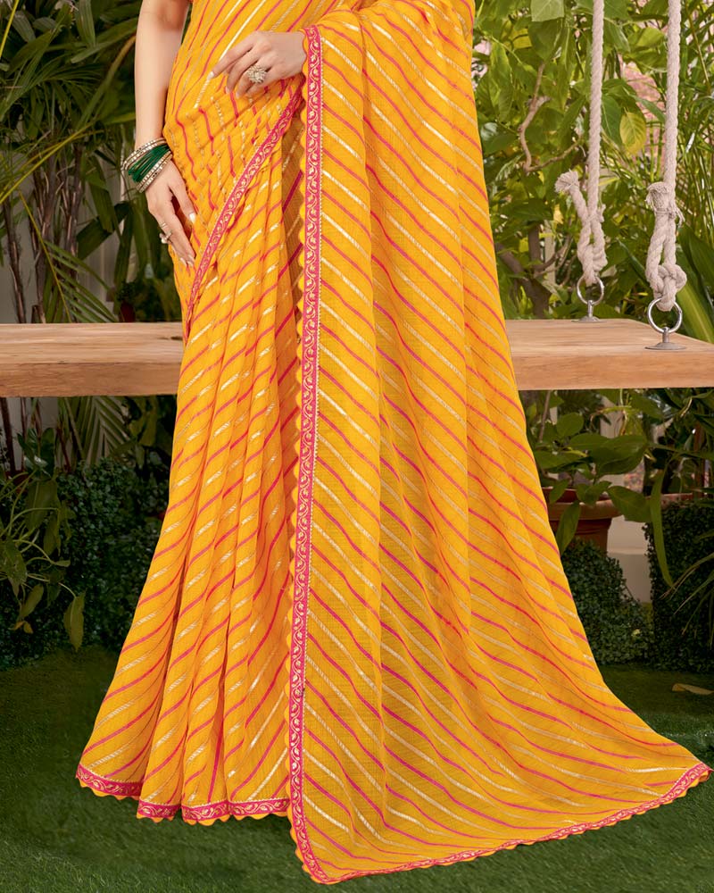 Vishal Prints Yellowish Orange Printed Fancy Chiffon Traditional Print Saree With Foil Print And Cut Work Border