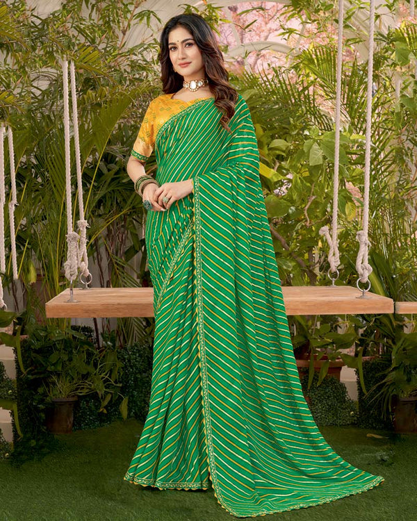 Vishal Prints Dark Green Printed Fancy Chiffon Traditional Print Saree With Foil Print And Cut Work Border