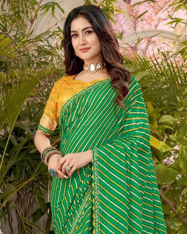 Vishal Prints Dark Green Printed Fancy Chiffon Traditional Print Saree With Foil Print And Cut Work Border