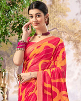 Vishal Prints Red Pink Printed Patterned Chiffon Saree With Core Piping