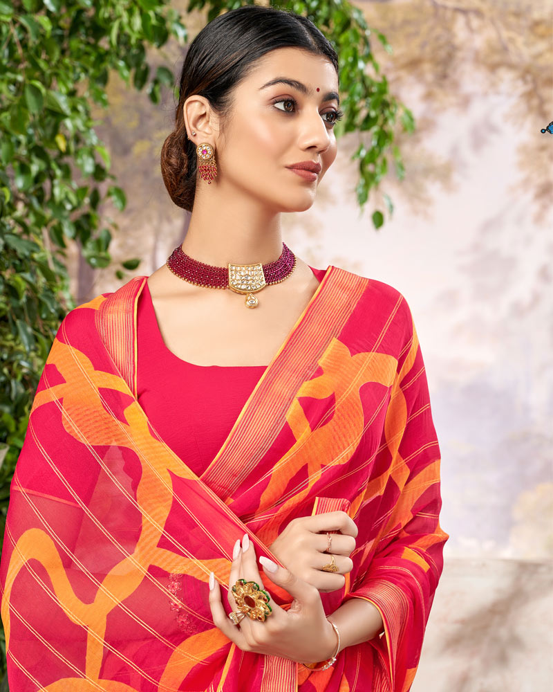 Vishal Prints Red Pink Printed Patterned Chiffon Saree With Core Piping