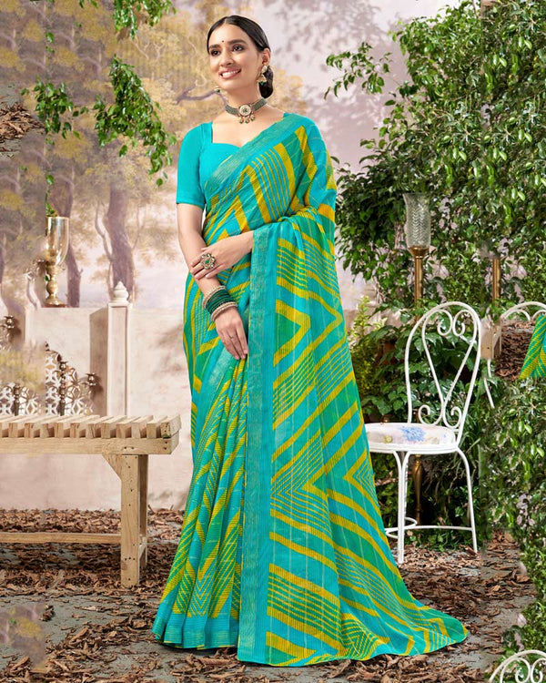 Vishal Prints Dark Turquoise Blue Printed Patterned Chiffon Saree With Core Piping