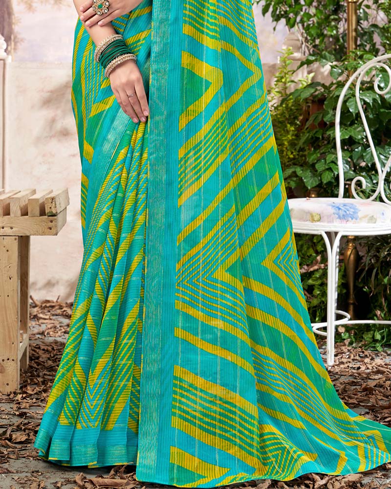 Vishal Prints Dark Turquoise Blue Printed Patterned Chiffon Saree With Core Piping