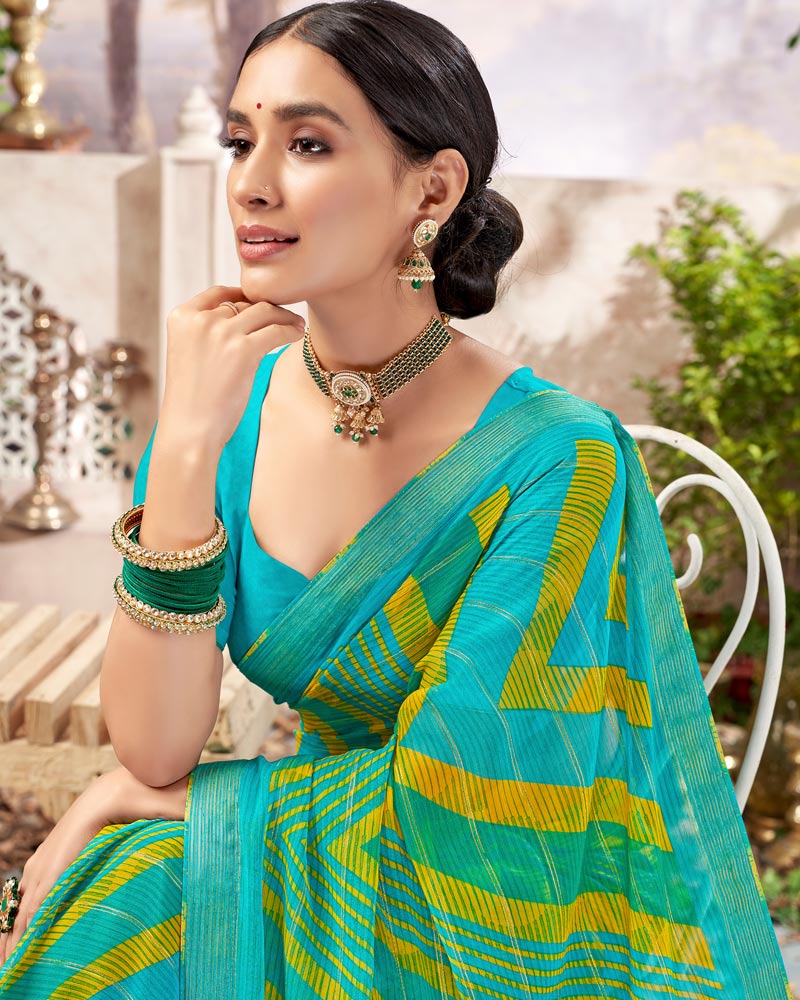 Vishal Prints Dark Turquoise Blue Printed Patterned Chiffon Saree With Core Piping