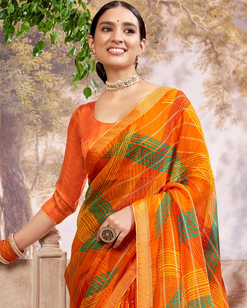 Vishal Prints Orange Printed Patterned Chiffon Saree With Core Piping
