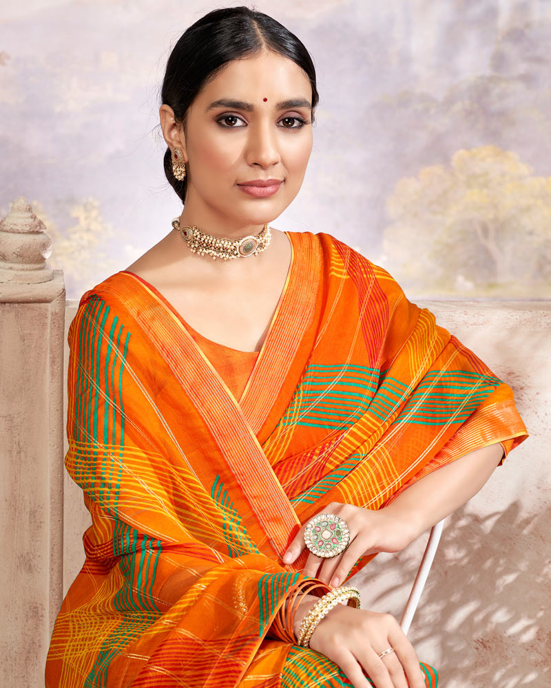 Vishal Prints Orange Printed Patterned Chiffon Saree With Core Piping