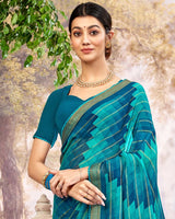 Vishal Prints Peacock Blue Printed Patterned Chiffon Saree With Core Piping