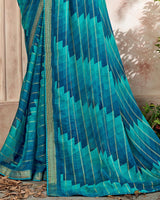 Vishal Prints Peacock Blue Printed Patterned Chiffon Saree With Core Piping
