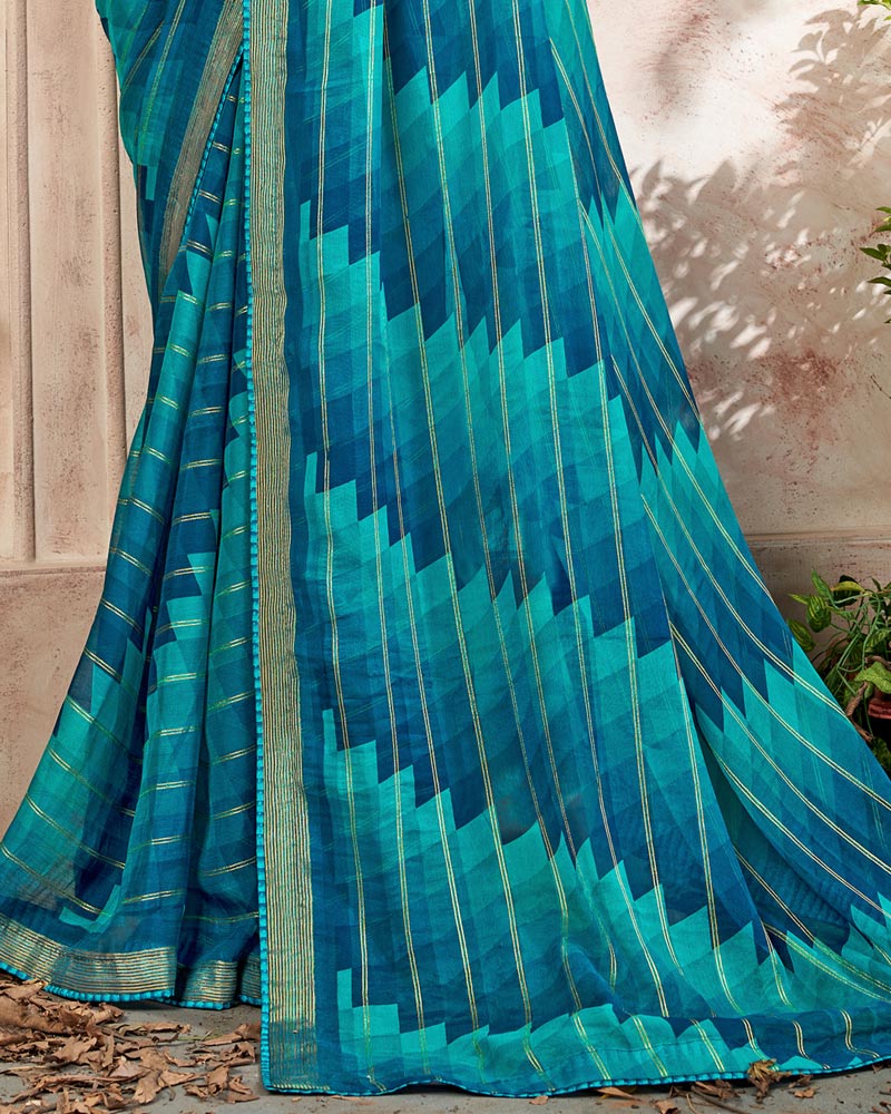 Vishal Prints Peacock Blue Printed Patterned Chiffon Saree With Core Piping