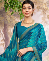 Vishal Prints Peacock Blue Printed Patterned Chiffon Saree With Core Piping