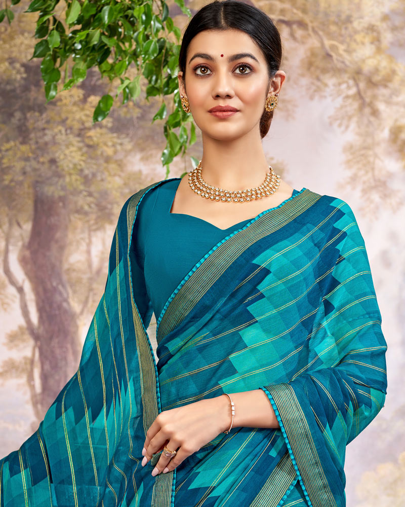 Vishal Prints Peacock Blue Printed Patterned Chiffon Saree With Core Piping