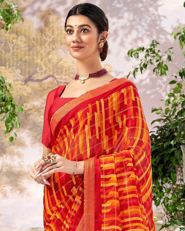 Vishal Prints Dark Red Printed Patterned Chiffon Saree With Core Piping