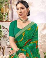 Vishal Prints Dark Sea Green Printed Patterned Chiffon Saree With Core Piping