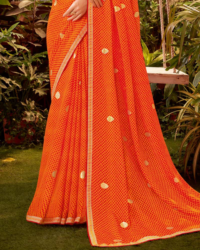 Vishal Prints Orange Bandhani Print Chiffon Saree With Zari Border
