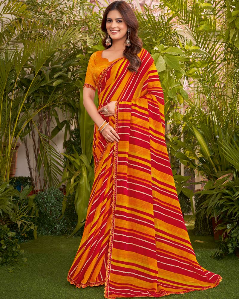 Vishal Prints Dark Yellow Printed Fancy Chiffon Traditional Print Saree With Cut Work Border