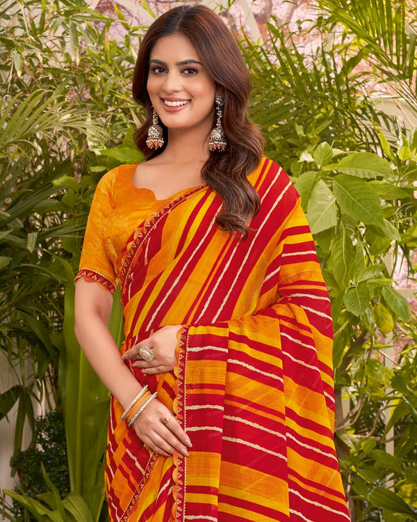 Vishal Prints Dark Yellow Printed Fancy Chiffon Traditional Print Saree With Cut Work Border