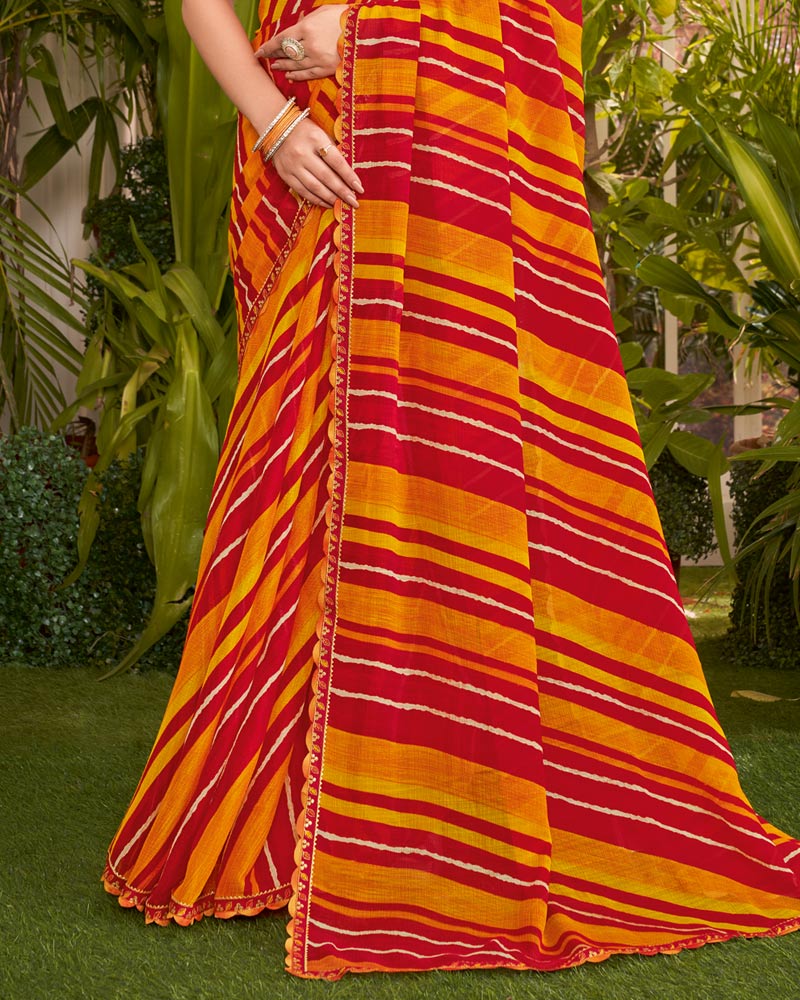 Vishal Prints Dark Yellow Printed Fancy Chiffon Traditional Print Saree With Cut Work Border