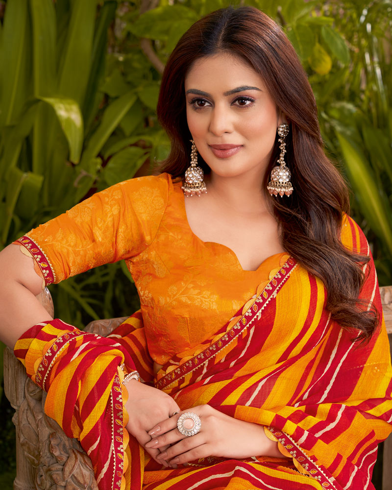Vishal Prints Dark Yellow Printed Fancy Chiffon Traditional Print Saree With Cut Work Border