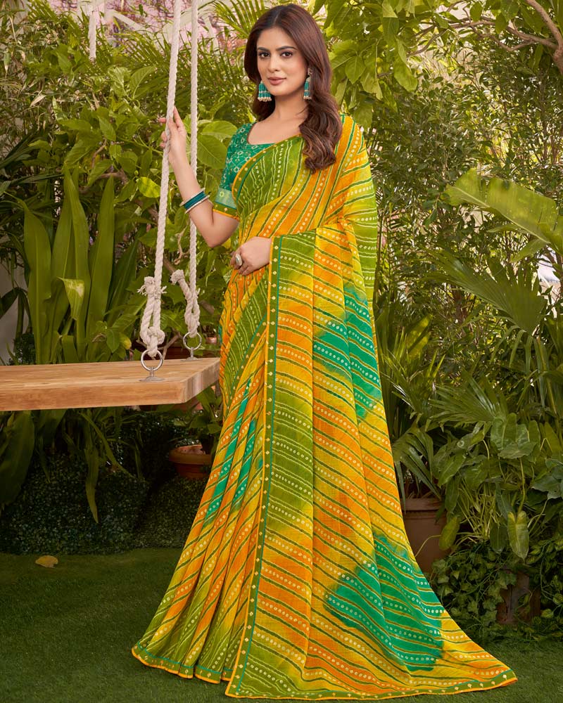 Vishal Prints Olive Green Printed Fancy Chiffon Traditional Print Saree With Border