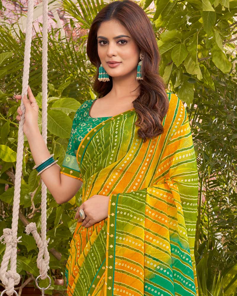 Vishal Prints Olive Green Printed Fancy Chiffon Traditional Print Saree With Border