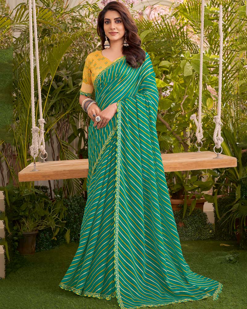 Vishal Prints Teal Green Printed Fancy Chiffon Traditional Print Saree With Cut Work Border