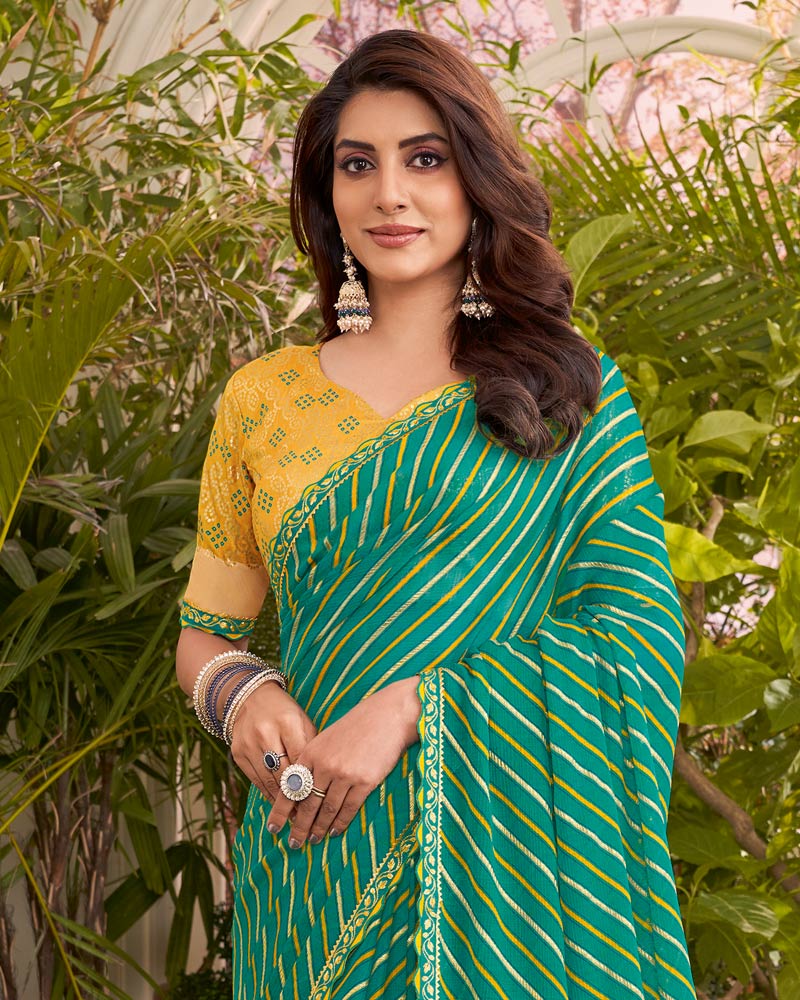 Vishal Prints Teal Green Printed Fancy Chiffon Traditional Print Saree With Cut Work Border