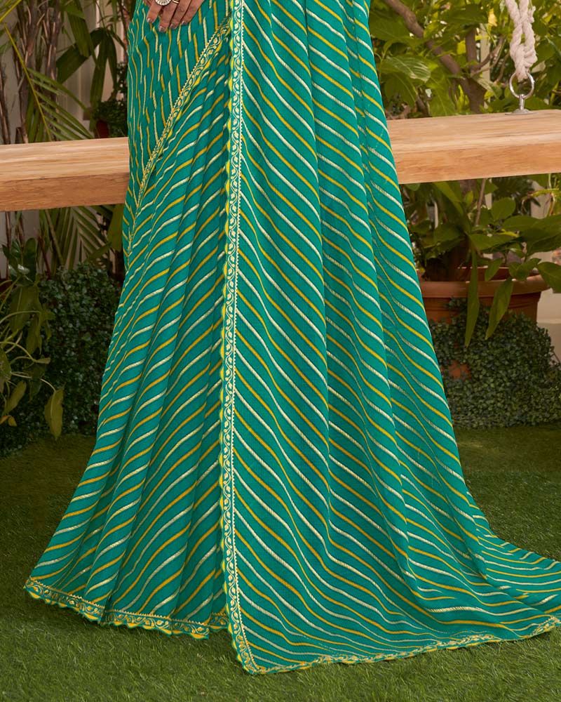 Vishal Prints Teal Green Printed Fancy Chiffon Traditional Print Saree With Cut Work Border