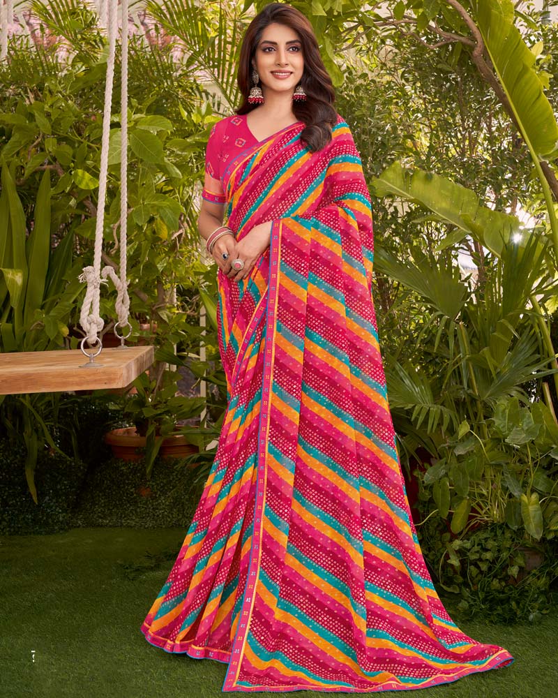 Vishal Prints Cardinal Pink Printed Fancy Chiffon Traditional Print Saree With Border