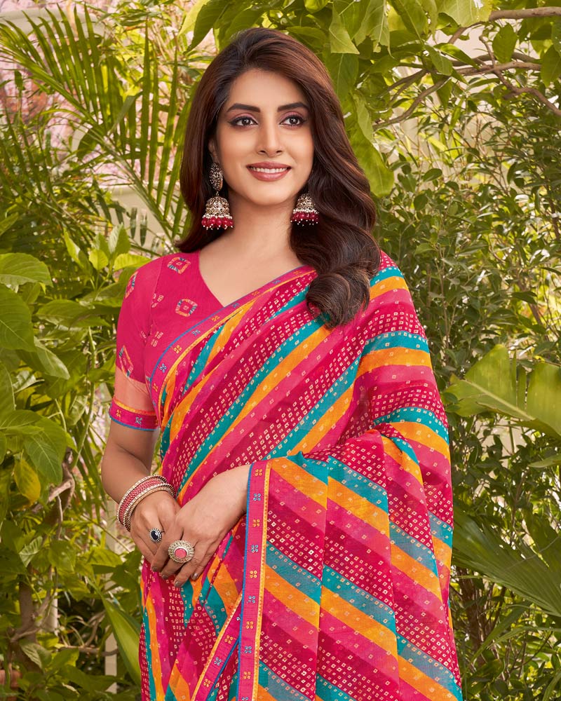 Vishal Prints Cardinal Pink Printed Fancy Chiffon Traditional Print Saree With Border